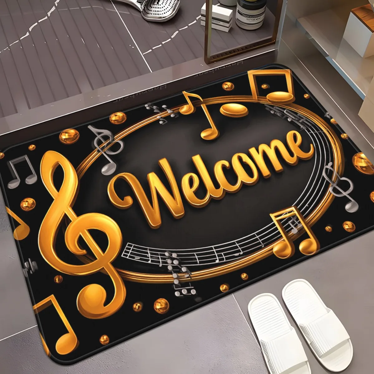Luxury Gold Music Note Door Mat, Welcome Sign Floor Rug, Non-slip Piano Key Entrance Carpet, Elegant Home Entryway Decor Gift