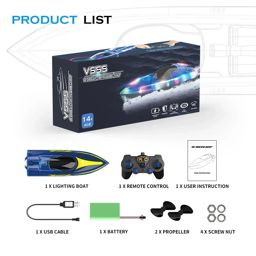 V555 2,4 GHz verlichting Racing RC-boot 15 km / u met transparante hoes en helder LED-lichteffect voor zwembadspeelgoed