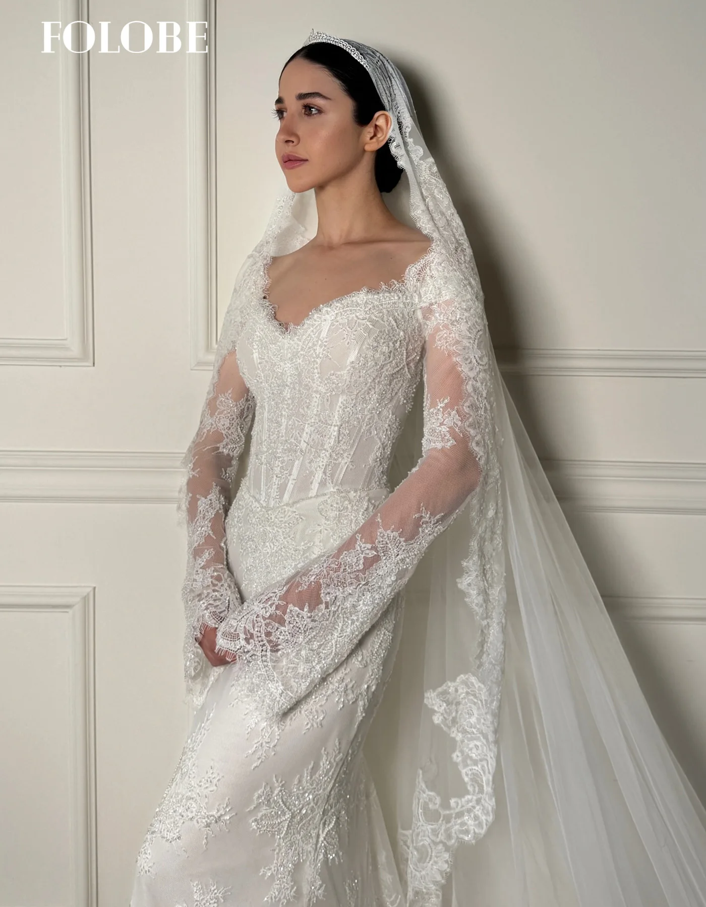 FOLOBE chérie blanc élégant sirène dubaï robes de soirée avec manches longues robes de mariée robe de bal personnalisé