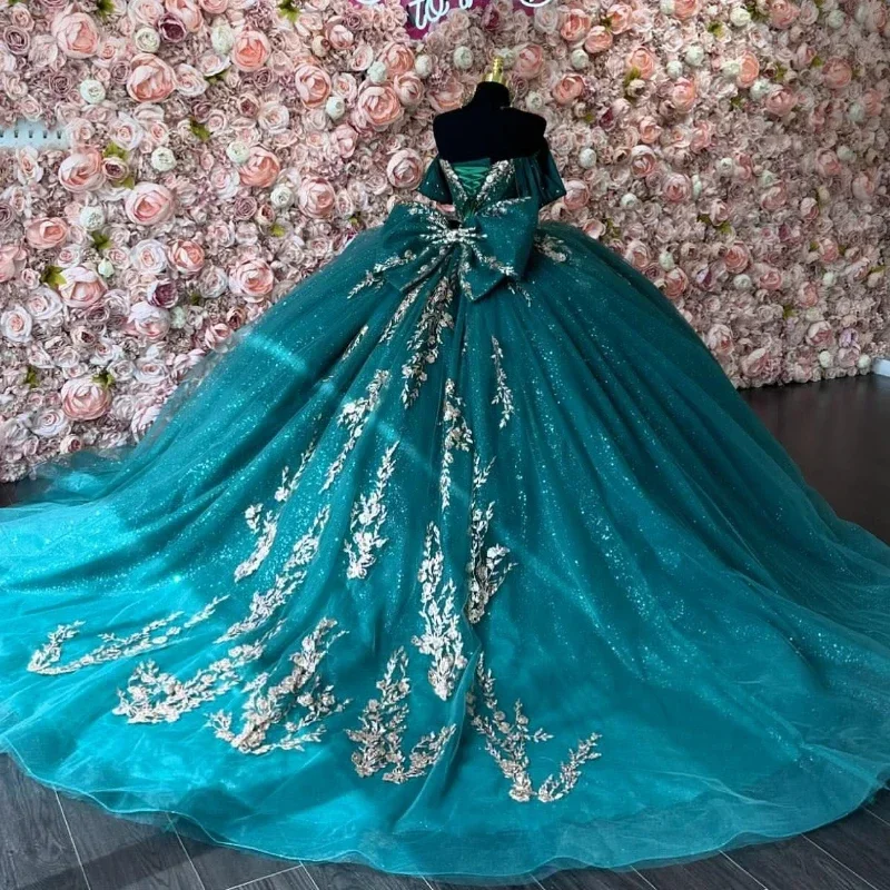 ANGELSBRIDEP Gliitering Emerald Green Quinceanera Dresses Bow Luxury Lace Beading Birthday Party Princess Vestidos De 15 Anos