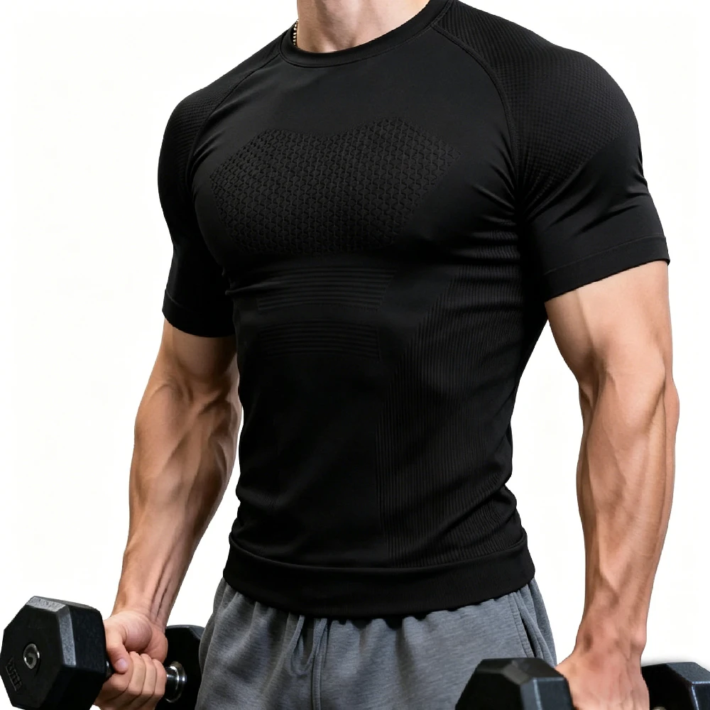 Men Short Sleeve Compression Shirts, Cool Dry Seamless Athletic T-Shirt,Quick Dry Workout Base Layer Undershirt Outdoor Training view 3