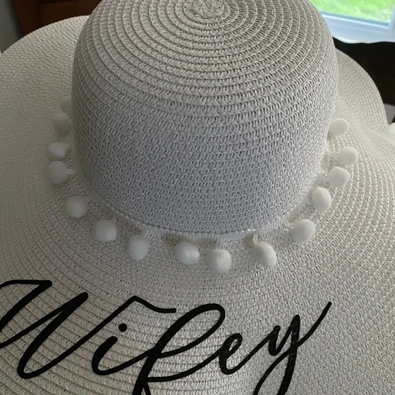 Wifey white pom Floppy Beach sun Hat Bride to be future Mrs Honeymoon trip Bachelorette hen do party bridal shower wedding Gift