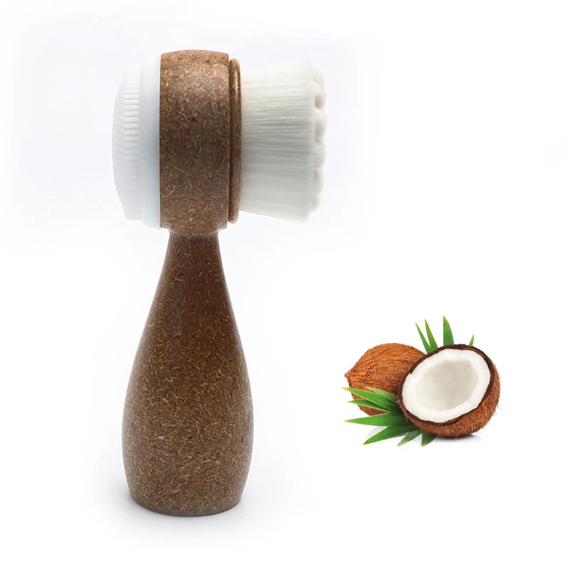 Escova Facial de Coco com Cabo, Dupla Face, para Limpeza Facial, Remoção de Cravos e Esfoliação.