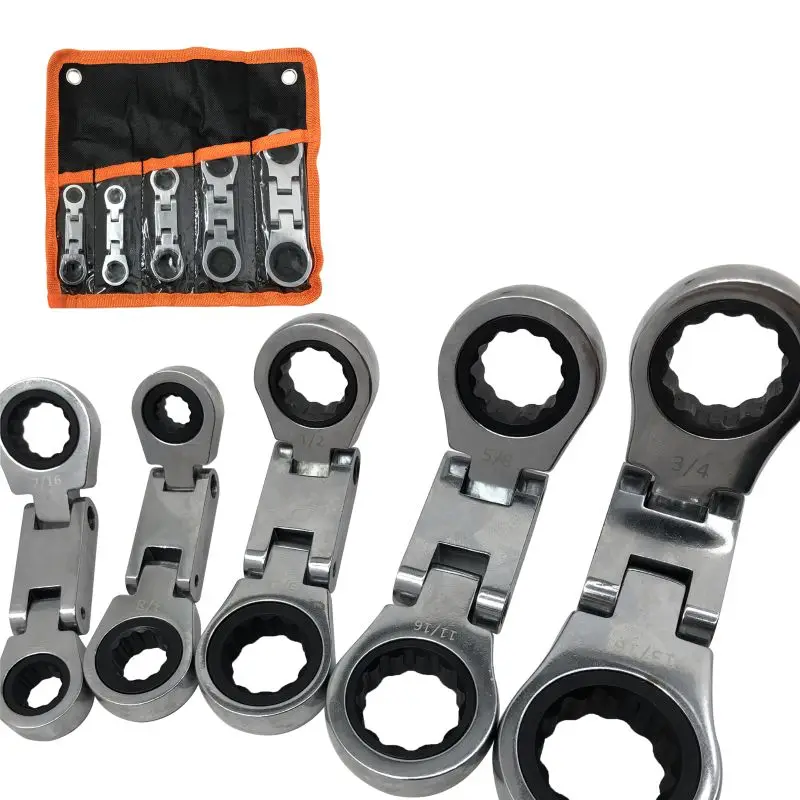 5pcs SAE Dual Flex Head Ratcheting Wrench Set, Double Box End, Flex-Head, Stubby SAE Combination Wrench Set