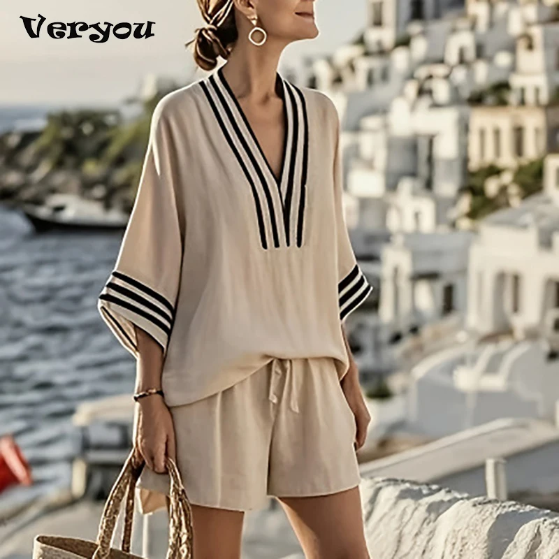 

Women Summer Casual V Neck Half Sleeve Shirt Striped Printed Drawstring Shorts Suit Women Casual Two Piece Set Holiday Outfits