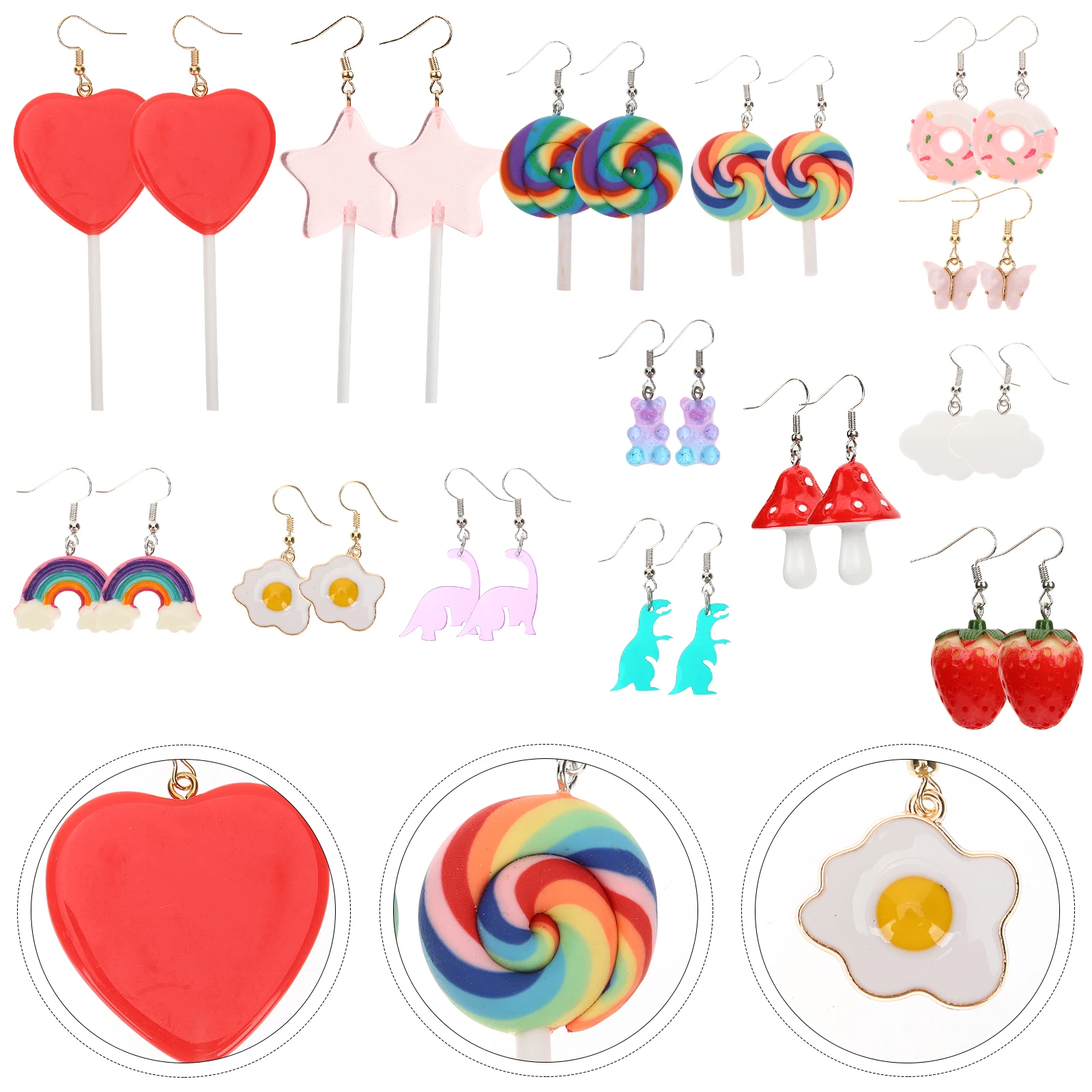 

7pcs Hanging Earring Combination Women Resin Creative Funny Jewelry Daily Wear Gift Mushroom Strawberry Heart