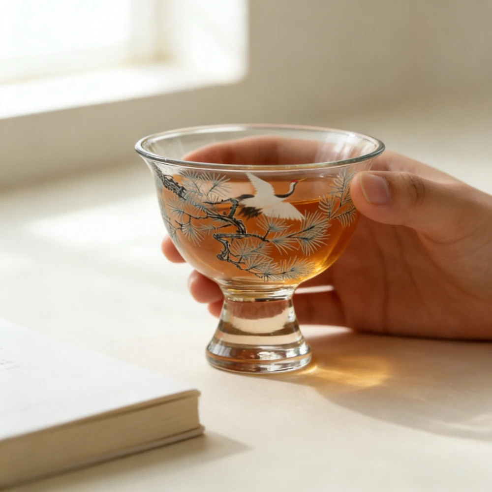 Tea Talk Pine and Crane Cup Glass Small Teacup Kung Fu Teaware Household Guest Cup Heat-resistant Glass Tea Tasting Drinking Cup
