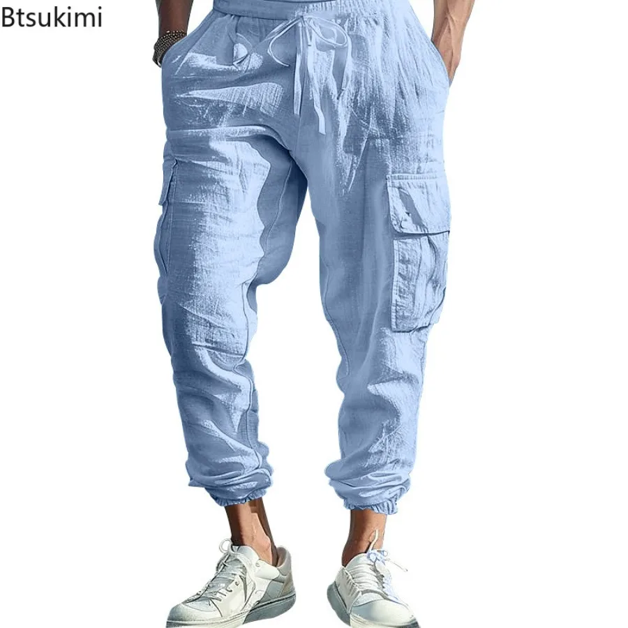 2025 Men's Cotton Linen Pants Loose Breathable Casual Pants Elastic Waist Lightweight Baggy Trousers Male Cargo Pants Streetwear