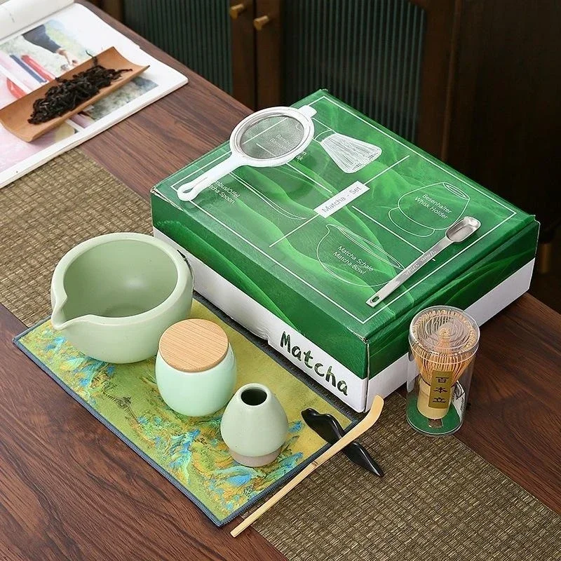 9pcs/set Japanese Ceramic Matcha Gift Box Green Tea Chasen Holder Stand Bowl Bamboo Whisk Grinder Brushes Tea Tools Holder Tea