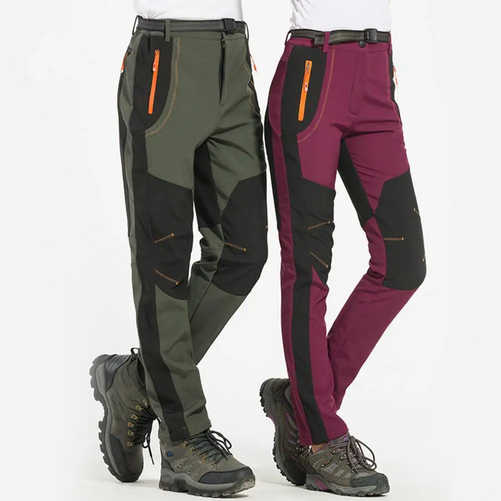 

Men Climbing Trousers Elastic Waist Button Zipper Fly Sporty Pants with Pockets Patchwork Color Thick Plush Lining Hiking Pants