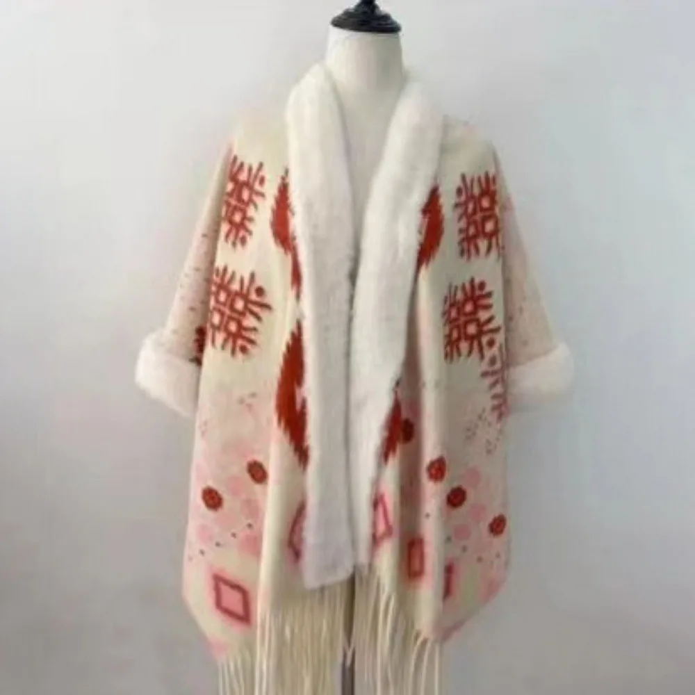

Ethnic Style Plush Wrap Shawl Thicken Retro Cardigan Cape Winter Warm Imitation Cashmere Faux Fur Collar Shawl Women Fashion