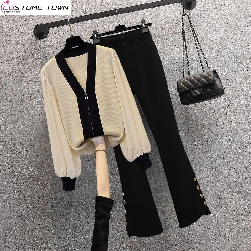 Spring and Autumn Women\'s Set Korean Edition Western V-neck Knitted Cardigan Sweater Jacket Casual Pants Two-piece Set