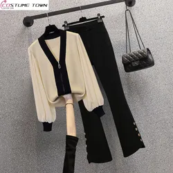 Spring and Autumn Women's Set Korean Edition Western V-neck Knitted Cardigan Sweater Jacket Casual Pants Two-piece Set