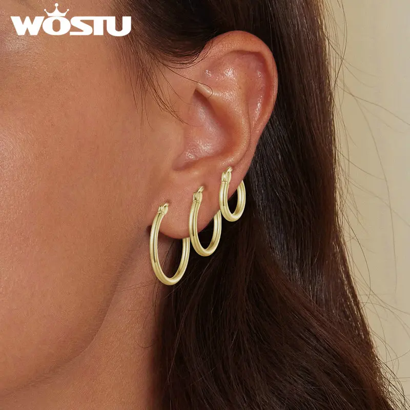 WOSTU Real 925 Sterling Silver Simple Circle Hoop Earrings For Women 18K gold Plated Statement Wedding Jewelries Party Gift