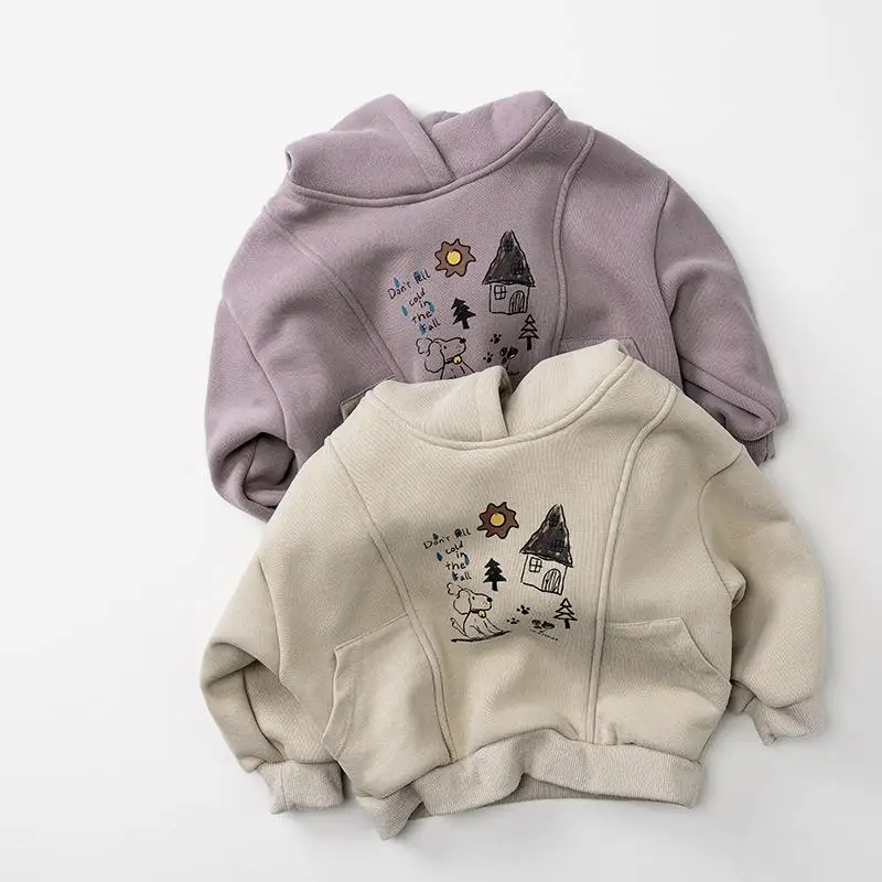 

2025 Winter New Children Fleece Hooded Sweatshirt Cartoon Print Boys Girls Casual Hoodie Kids Plus Velvet Thick Warm Tops