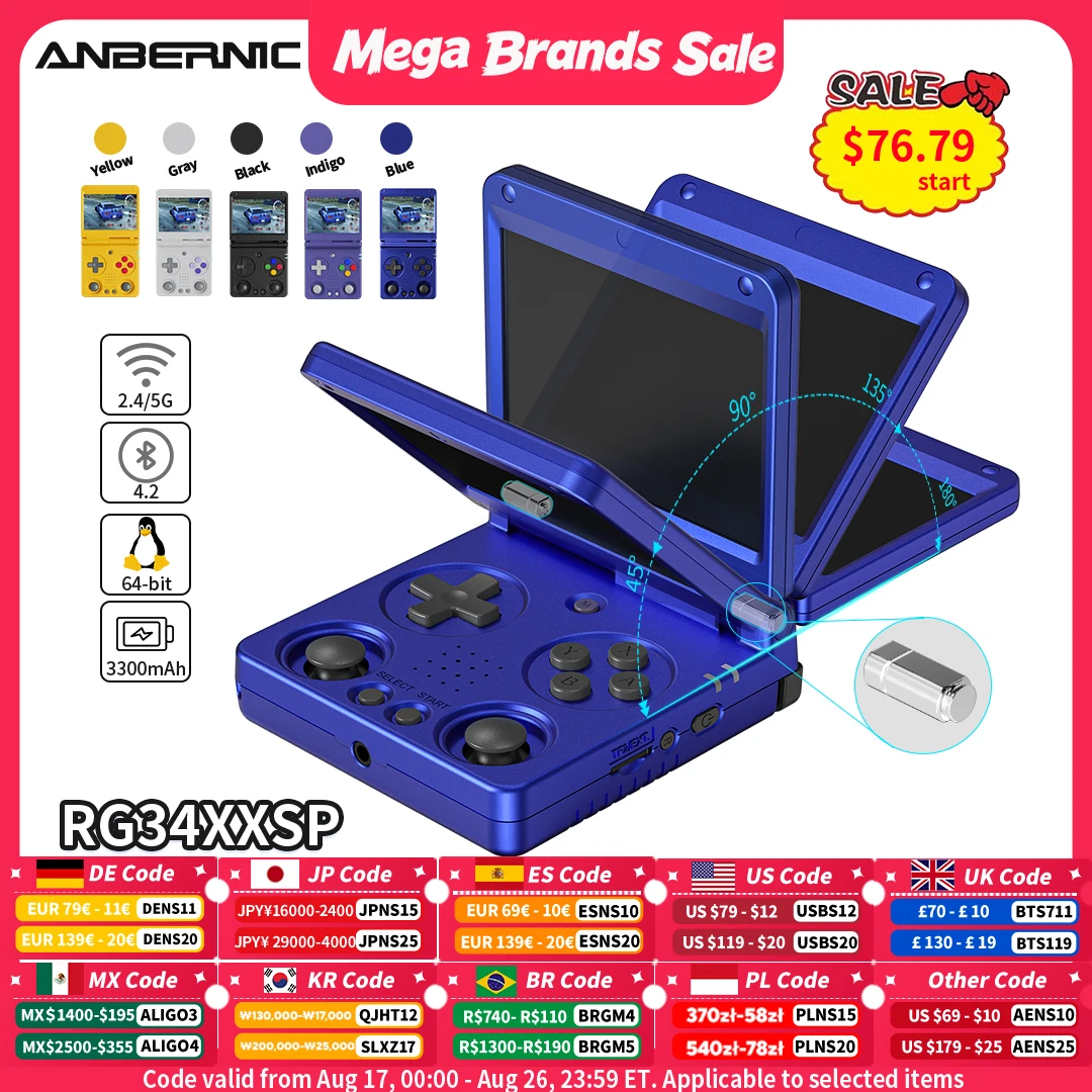 Console de Jogos Portátil Anbernic RG34XXSP com Tela IPS de 3,4 polegadas, Linux 64-bit, 3300mAh, WIFI, Dobrável, Player de Jogos Retro