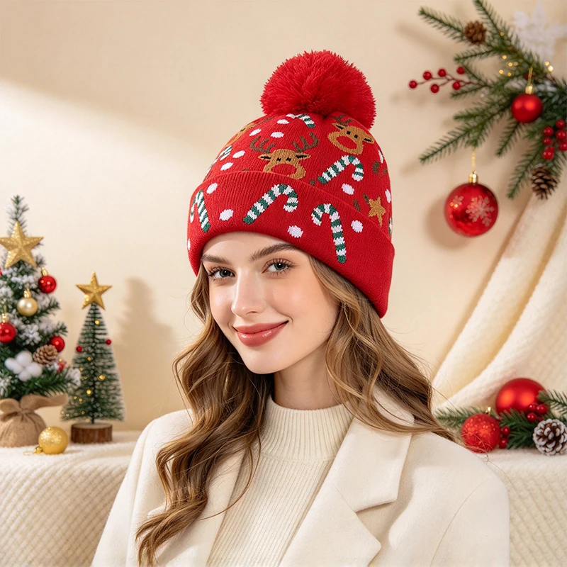 Christmas Knitted Beanie Hat for Adults Reindeer Candy Pom Pom Winter Hat Warm Soft Knit Skull Cap for Xmas Party Holiday Gift
