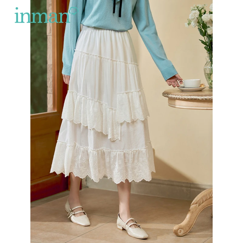 INMAN Women Skirt 2023 Spring Elastic Waist A-shaped Loose Layered Embroidery Flounces White Orange Cute Chic Mid-length Skirt