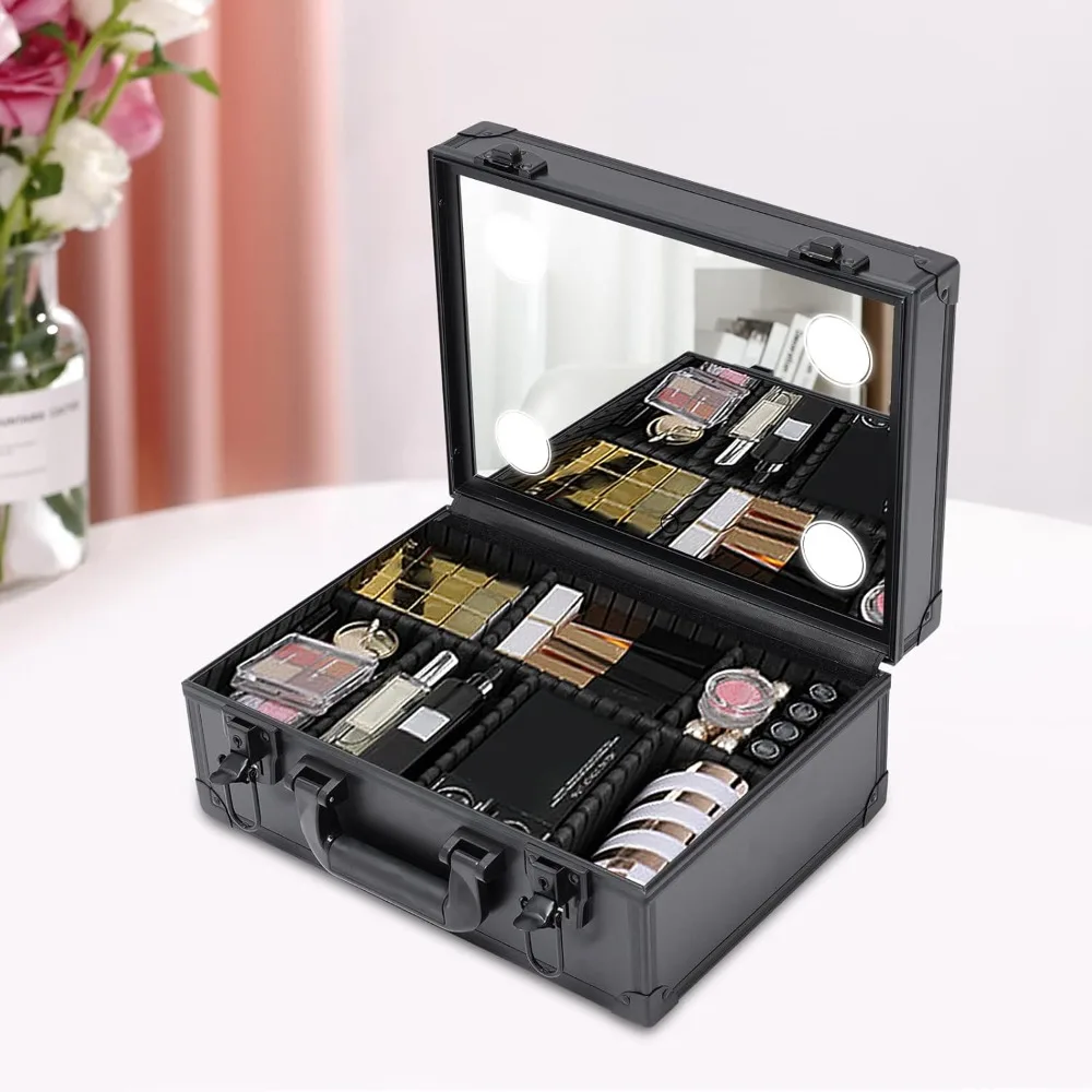 Cosmetic Organizer Box Makeup Case with Lights and Mirror Makeup Case with Customized Dividers Large Makeup Artist Organizer Kit