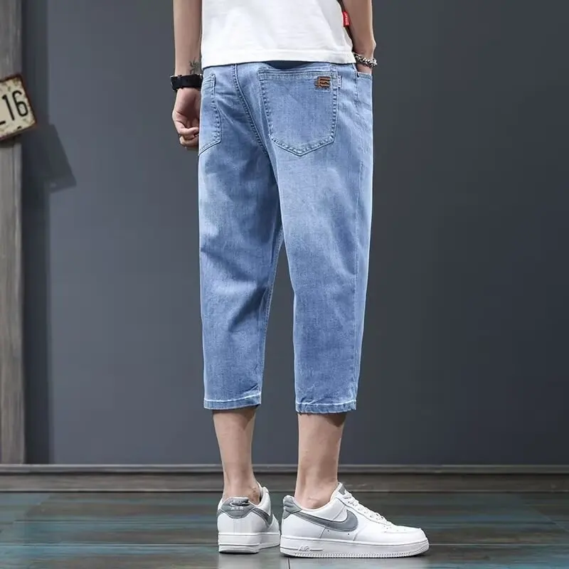 

Summer Thin Men's Jeans Casual Loose Straight Leg Seven-Five Length Black Mid-Waist Youth Fashion Wear Resistant Daily Use