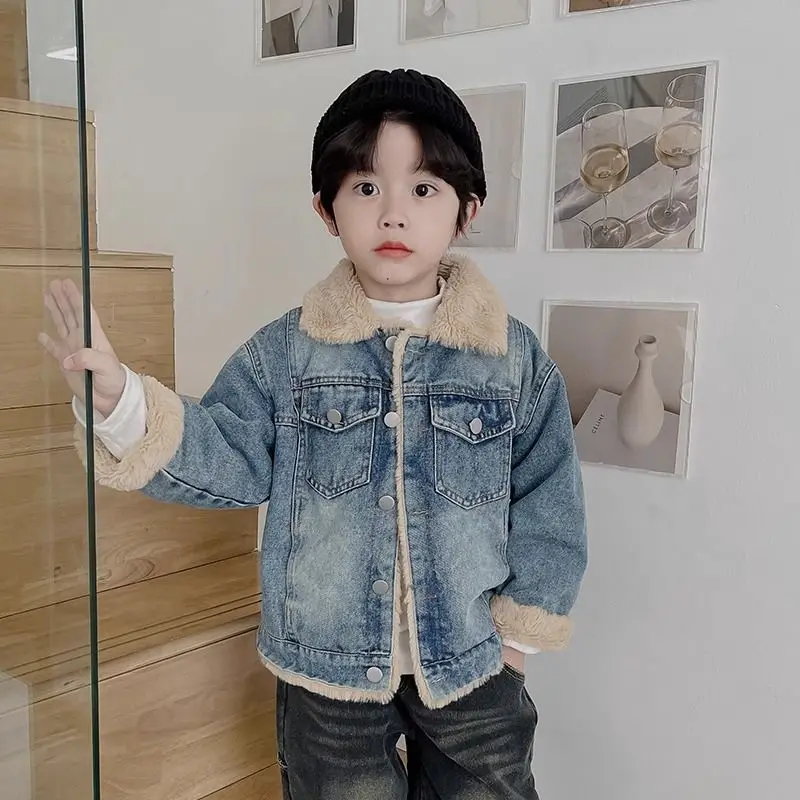 الخريف/الشتاء الأطفال الدنيم سترة جديد الأولاد عارضة الدافئة وسميكة معطف المخملية 110-160 سنتيمتر #4