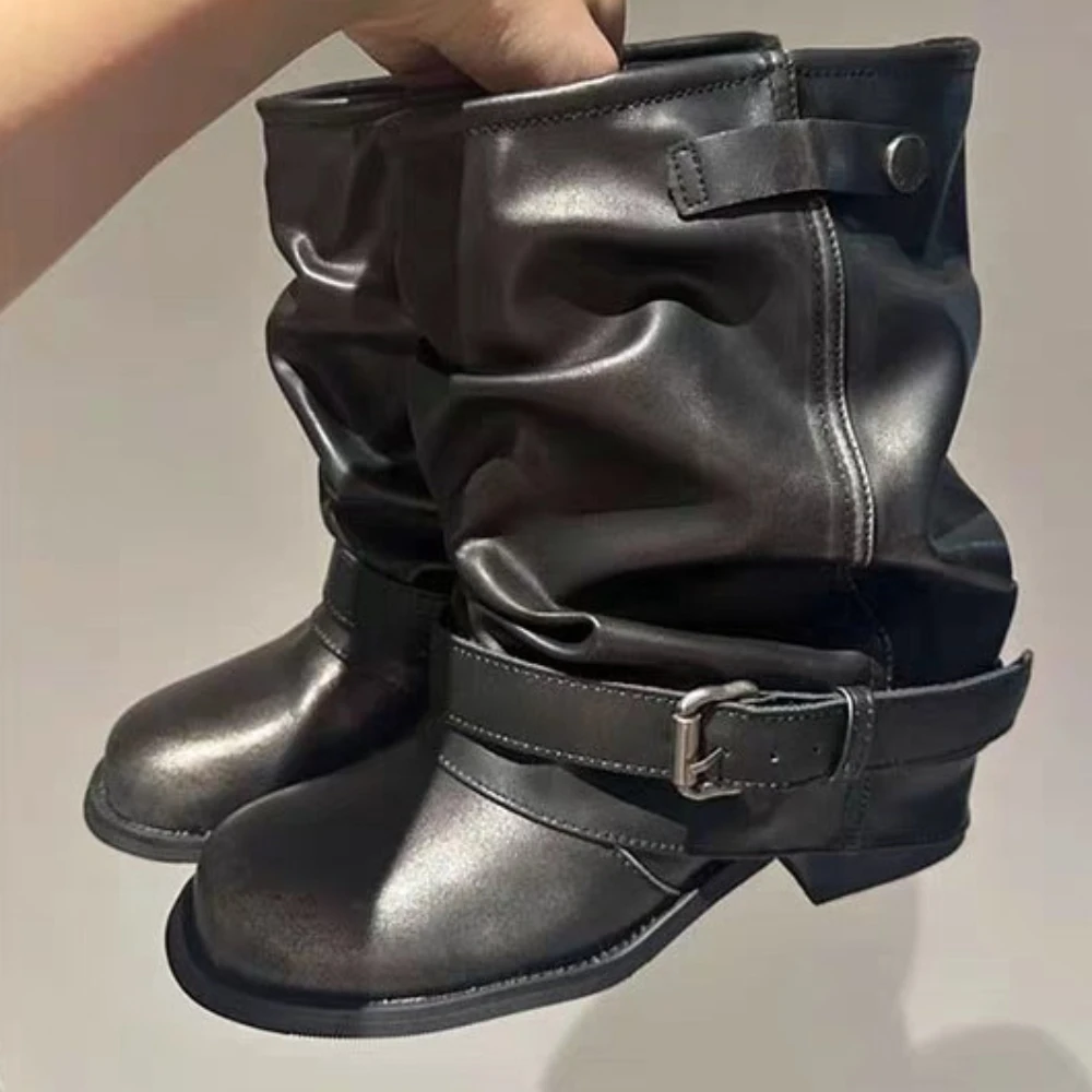 Women Western Cowboy Boots Women Fall Round Toe Metal Belt Buckle Pleated Stack Vintage Block Heel Shortho Boots Fashion