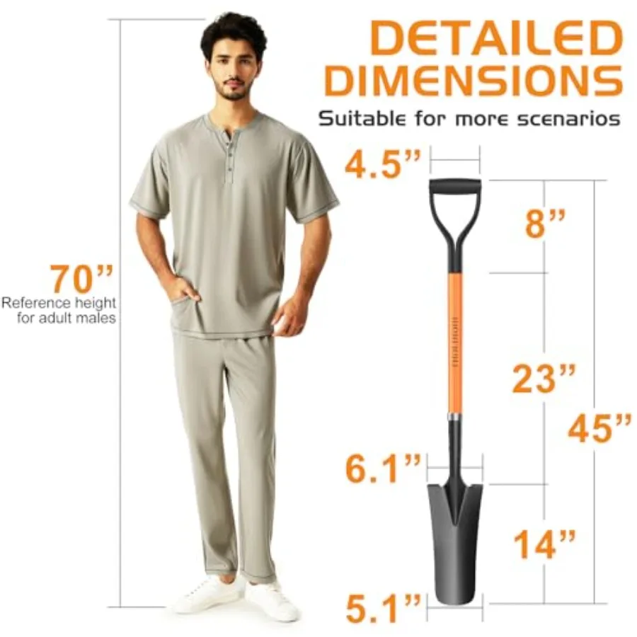 Pelle à poignée en fibre de verre DGrip en acier de 45 pouces pour la transplantation, le drainage et les tâches de creusement, conception de tireur pointu avec Orange