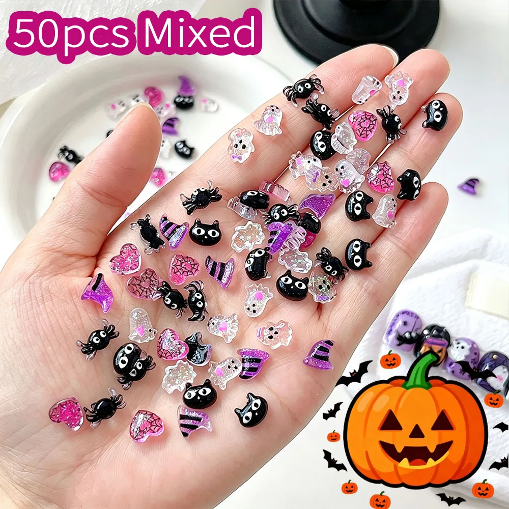 50Pcs Halloween Cartoon Resin Nail Charms Mixed 3D Transparent Glitter Ghost/Spider Web Heart/Black Cat Nail Decors Nail Supplie