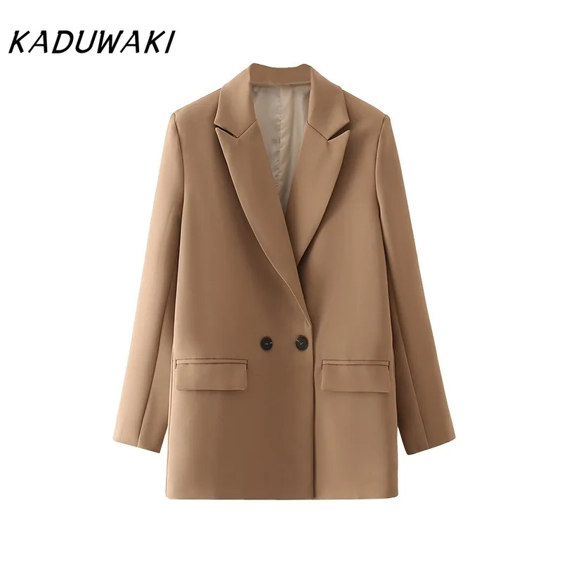 KADUWAKI American Retro Lapel Long-sleeved Solid Color Suit Tops Autumn Double-breasted Loose Casual Suit Jacket Пиджак Женский