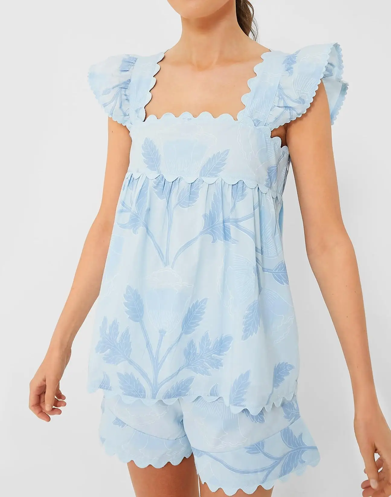빈티지 2025 여름 반바지 세트 스카이 블루 여성 투피스 의상 스몰 플라잉 슬리브 프린트 탑 + 반바지 슈트 S M L