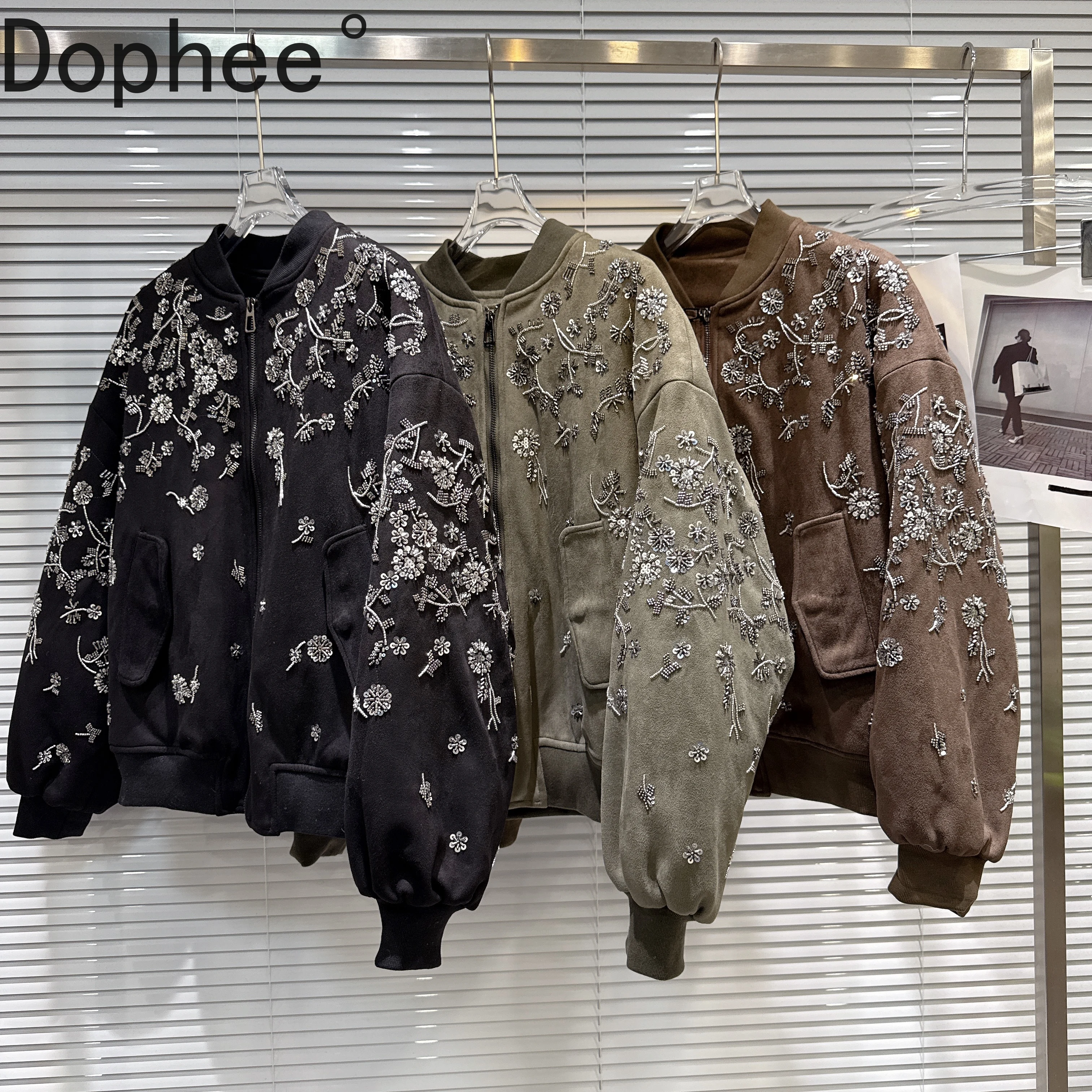 

Vintage Embroidery Beading Suede Women Cotton-padded Coat Oversize Stand Collar Zip Baseball Jacket Long Sleeve Quilted Coats