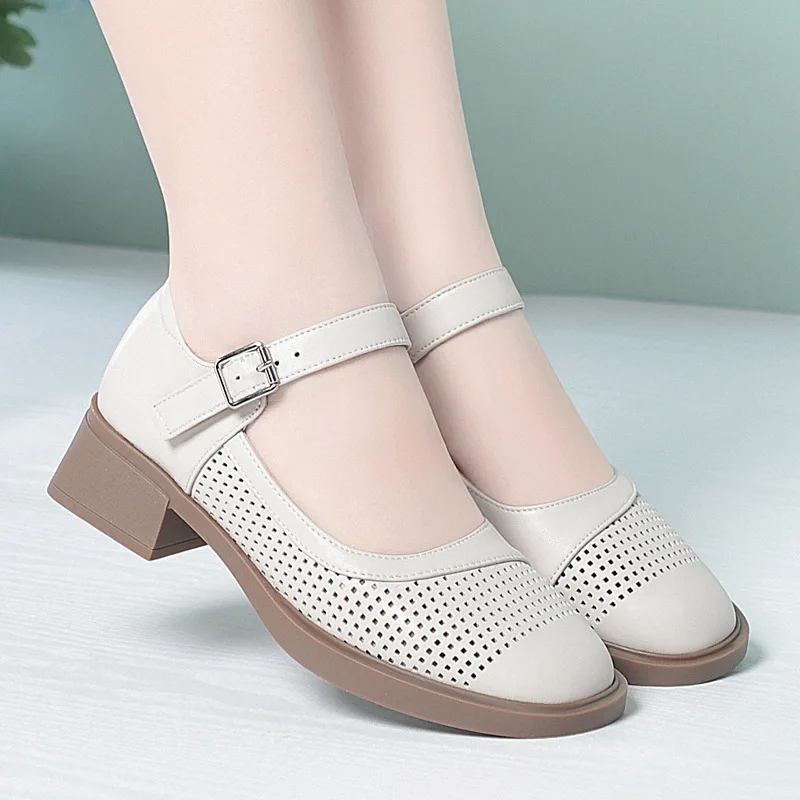 

4cm Plus Size Breathable Retro Comfortable Block Heels Genuine Leather Shoes 2026 Spring Summer Mary Janes Platform Shoes Daily