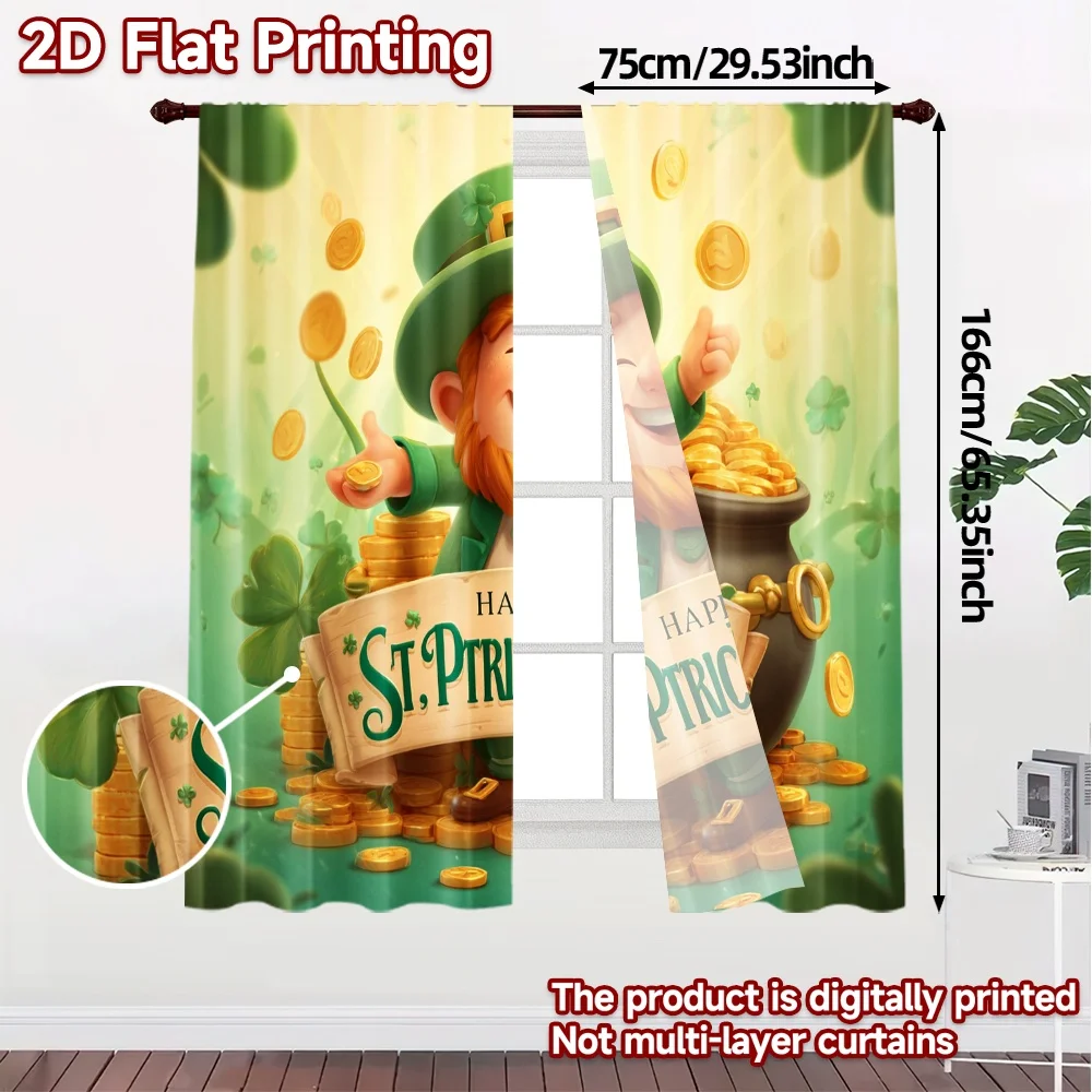 2pcs, 2D FLAT PRINTING Curtains (Without Rod) StPatrickCoins Chic Curtains Digital Printed Versatile Polyester Fabric Curtains