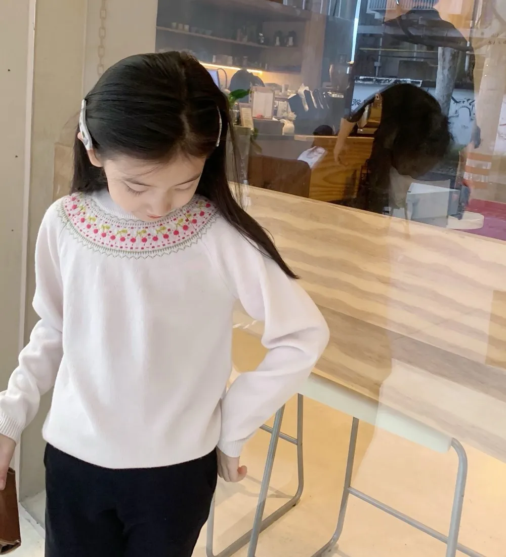 

Необратная осенне-зимняя одежда для маленьких девочек, детские свитера, розовый свитер из 100% шерсти с вишневым узором