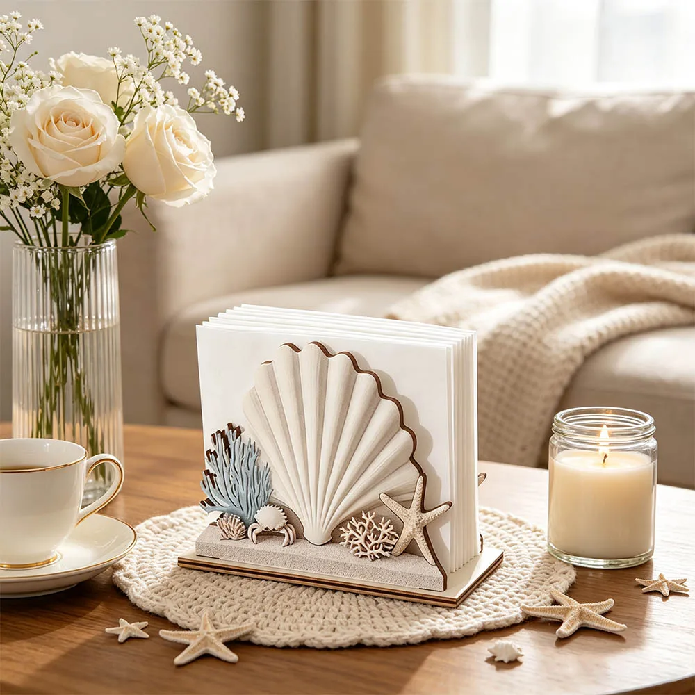 Creative 2D Flat Tissue Dispenser Wooden Crafts Starfish Shell Crab Napkin Holder Ocean Style Tissue Organizer Dining Table