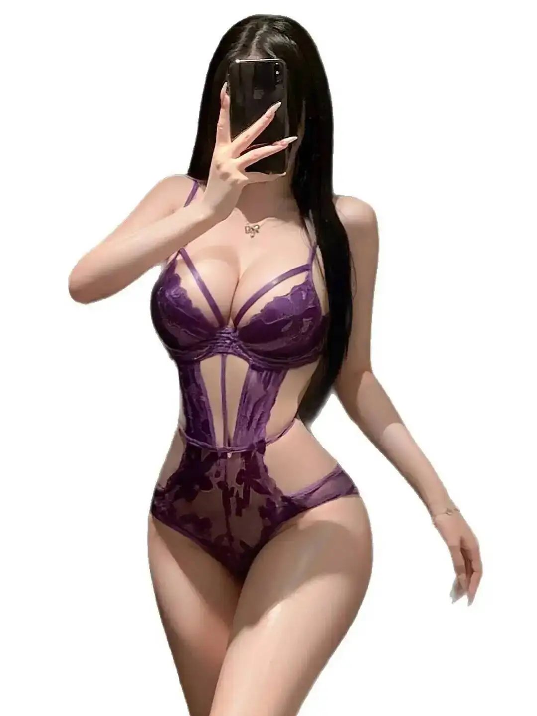 Body trasparente viola sexy Puro desiderio Bretelle a V profonde senza schienale Body senza maniche per discoteca Affascinante ed elegante 5JJO