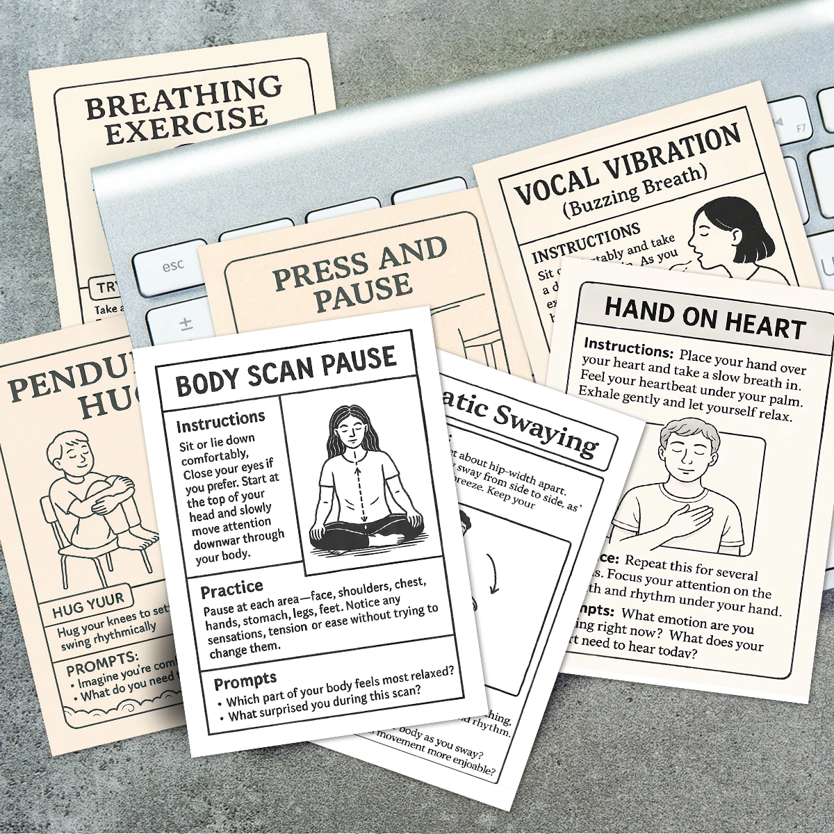 36-teilige Karten für somatische Therapie-Kopierfähigkeiten – illustrierte Anleitung, körperbasierte Übungen zur Angstlinderung, Achtsamkeit-Flash-Karte – Detail 3