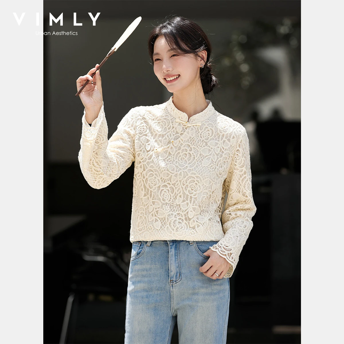

VIMLY Lace Blouse Fall 2025 Fashion Woman Chinese Style Apricot Long Sleeve Blouses Elegant Embroider Stand Neck Lady Tops A3057