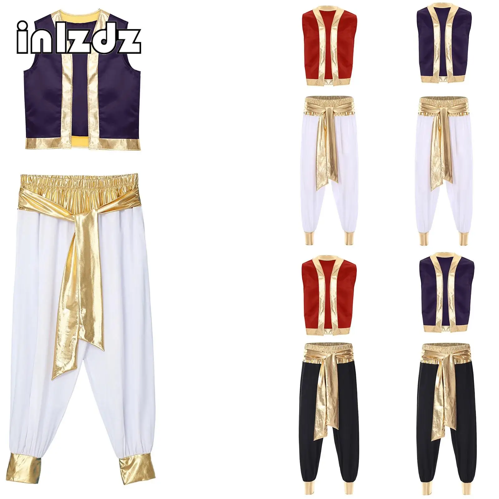 

Mens Mythical Arabian Prince Carnival Cosplay Outfit Halloween Party Costume Metallic Shiny Trim Open Front Vest with Long Pants