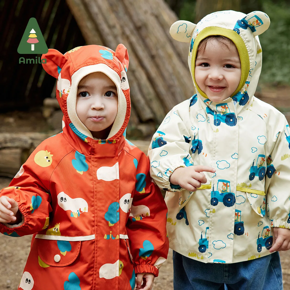 Amila Baby Coat 2023 Autumn New Original Pattern Cute Bear Ears  Warm  Letter Design Girls And Boys  Outerwear Kid's Clothes