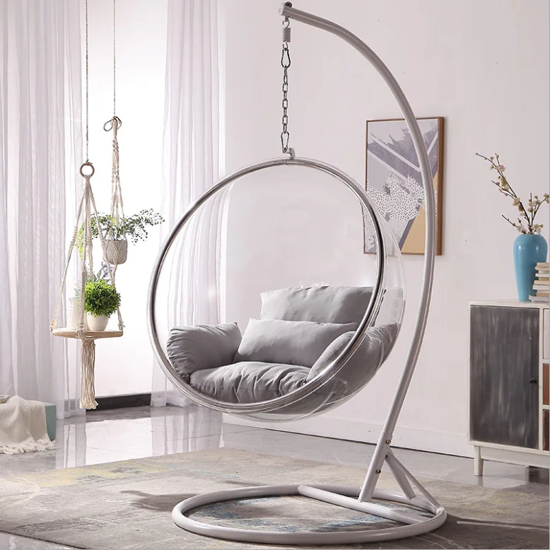 Chaise à bulles en acrylique transparent à la mode avec support, coussin rond en argent, haute qualité, imperméable, épais, simple, extérieur