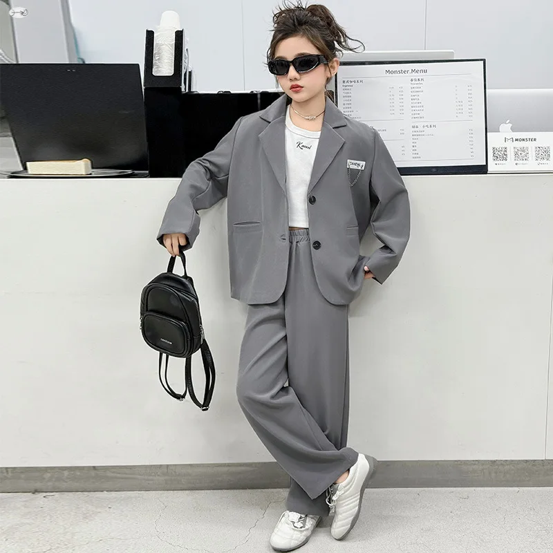 Teenager Girls Vintage Blazer Suit Set Solid Color Streetwear 2pcs Jacket And Pants Formal Outfit for Kids Spring Autumn Elegant