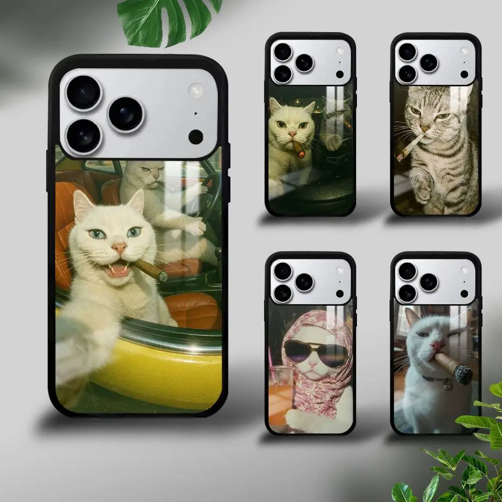 

Stylish Cat Smoking Funny Phone Case For IPhone 16 15 14 13 12 11 Pro Max Plus Mini Plus Hard Mirror Surface Protect Funda