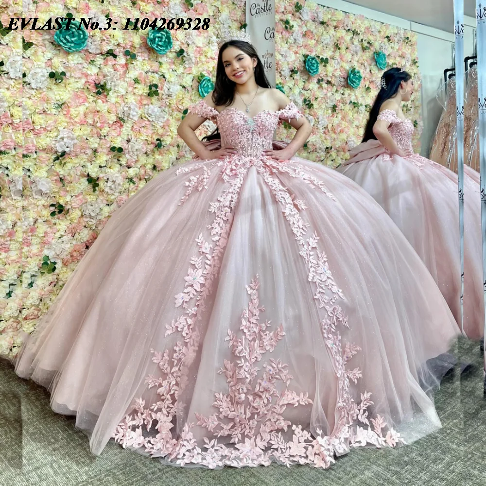 فستان Quinceanera من الدانتيل الوردي اللامع حسب الطلب من EVLAST مزين بالخرز مشد فيونكة حلوة 16 فيستدو دي 15 أنوس E3Q496