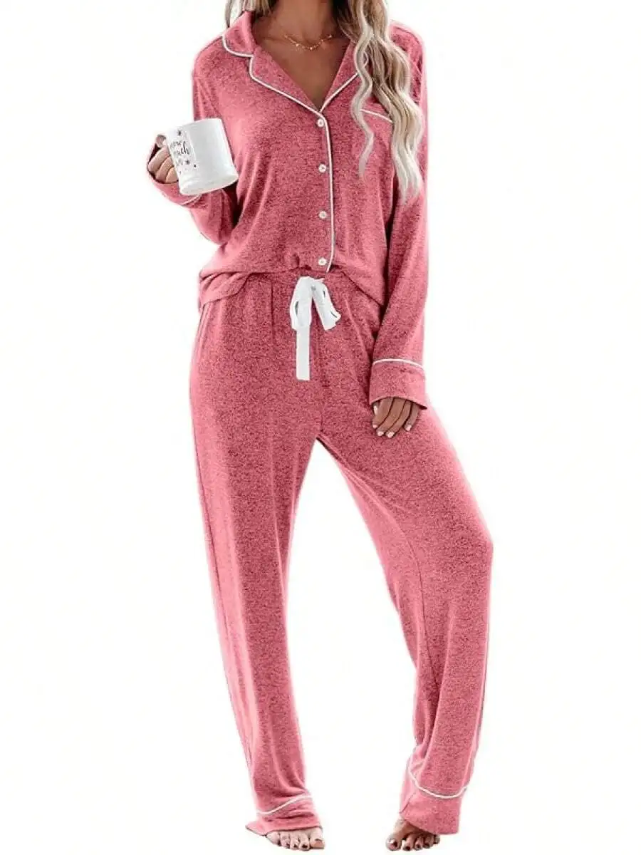 Womens Long Sleeve Button Down Pajama Set Soft Sleepwear Lounge Wear