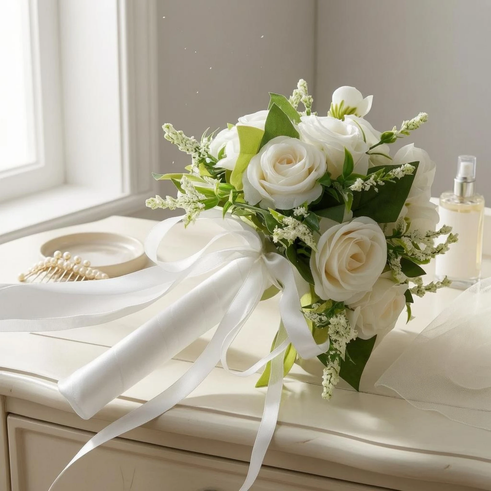 Bridal Handheld Bouquet Wrapped Handle Artificial Wedding Bouquet Fake Rose Flower Arrangement Trailing Ribbons for Bride