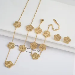 New fashion classic stainless steel gold Laser five-leaf flower bracelet jewelry set Necklace earrings Women's jewelry