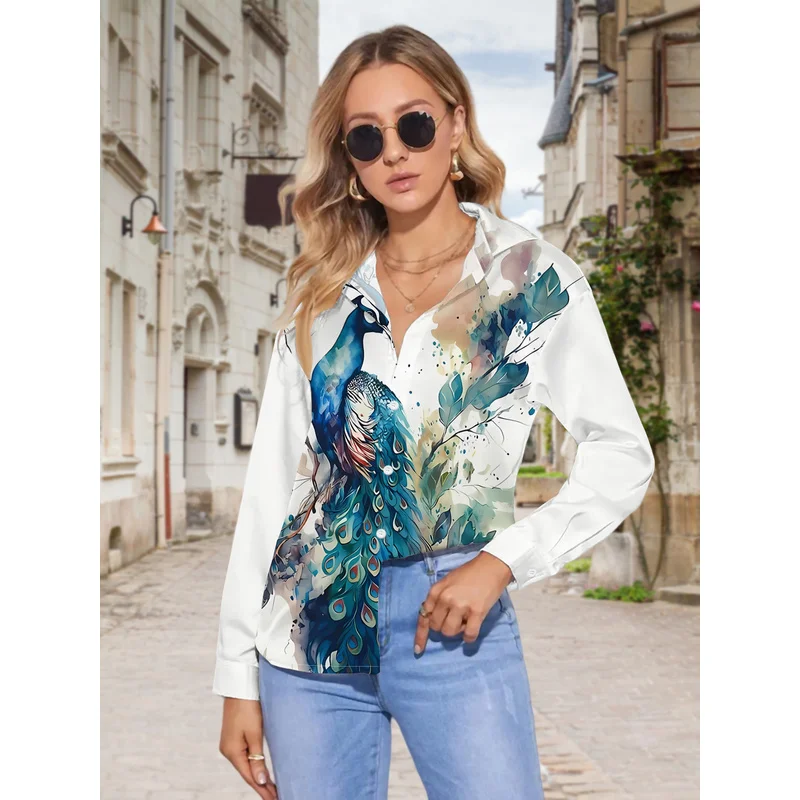 New Women's Casual Long-Sleeve Shirt, Teal Blue Peacock Perched on a Branch with Smudged Floral and Leaf Patterns, Versatile