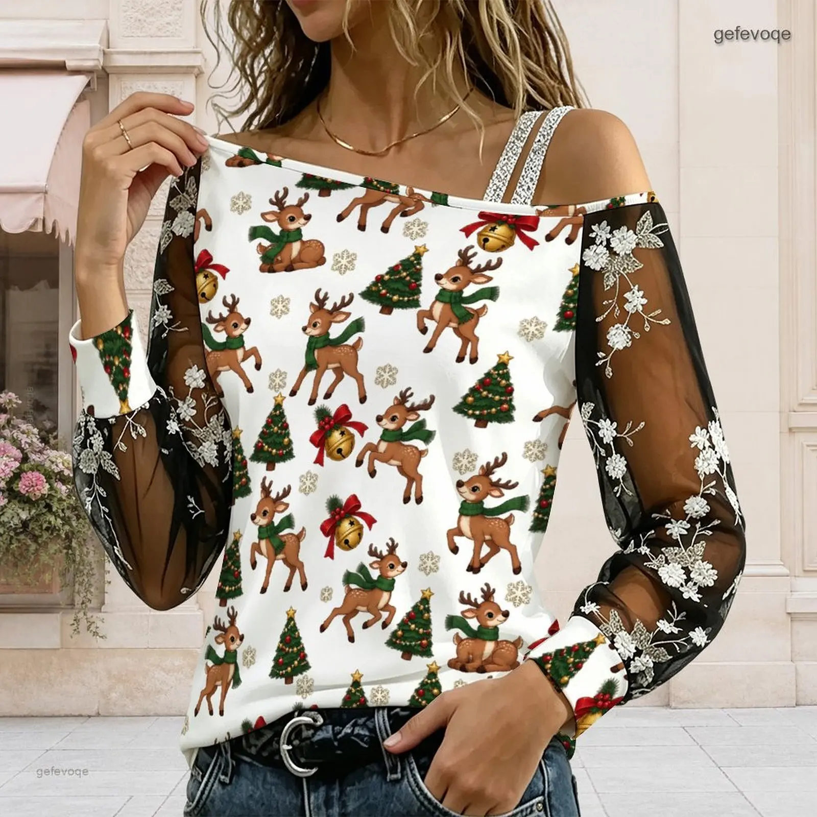 Women Asymmetric Cold Shoulder Long Sleeve Top, Christmas Reindeer Tree Bell Snowflake Print Sheer Mesh Floral Blouse