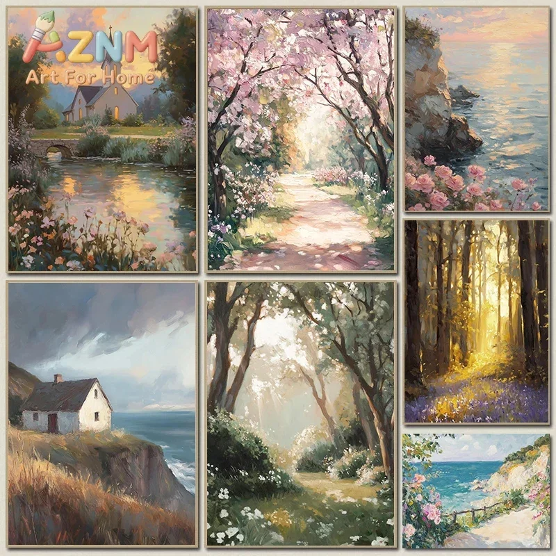 Dreamy Impressionist Countryside Scenery 2D Flat, Frameless , Rustic European Decor,  Forest Coast Cottage Church Nature View